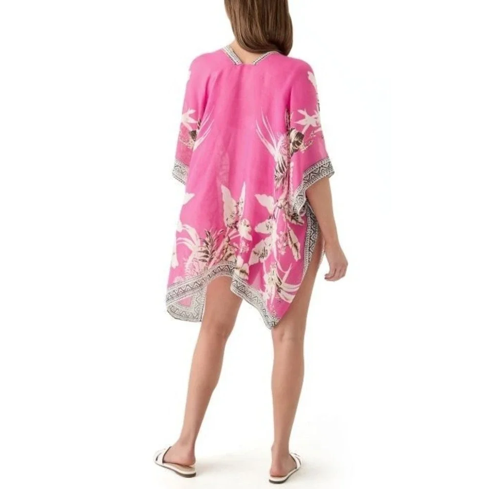 Vince Camuto Women's Tropical Blooms & Border Open Front Topper OSFM in Pink Mul - Picture 3 of 8